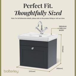 Balterley Bathroom Wall Hung 1-Drawer Vanity Unit & Fireclay Basin, Grey, 500mm in Grey - thumbnail 5