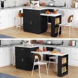 Rolipo Two-Tone Extendable Kitchen Island With Seating & Storage in Black - thumbnail 8