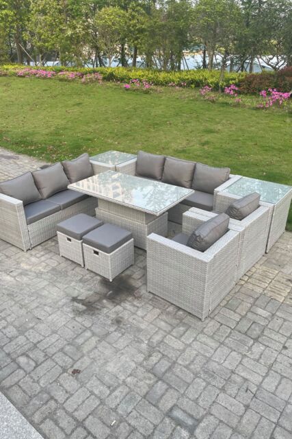 Fimous Rattan Garden Funiture Set Adjustable Rising Lifting Table Sofa Dining Set Lounge Chair Table Stool in Light Grey - image 1