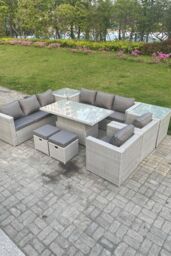 Fimous Rattan Garden Funiture Set Adjustable Rising Lifting Table Sofa Dining Set Lounge Chair Table Stool in Light Grey - thumbnail 1