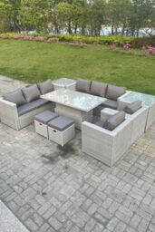 Fimous Rattan Garden Funiture Set Adjustable Rising Lifting Table Sofa Dining Set Lounge Chair Table Stool in Light Grey - thumbnail 2