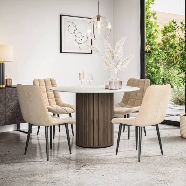 More4Homes Arlo White Marble Top W Walnut Leg + Nova Velvet Dining Chair Set Of 4 in Beige - image 1