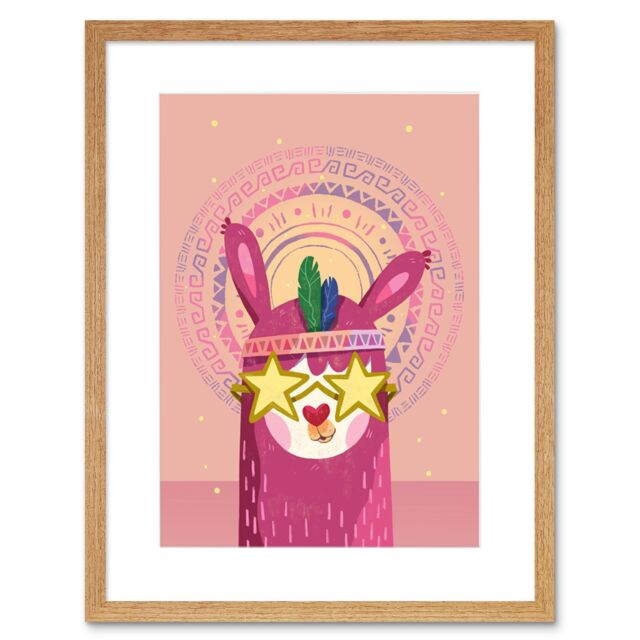 "Artery8 Wall Art Print Llama Pink Fashion Framed in Beige - Size: W7"" x H9""" - image 1