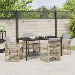Berkfield Home 5 Piece Garden Dining Set with Cushions Beige Poly Rattan - thumbnail 4