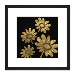 Artery8 Gold Flowers Floral Metallic Effect Foil Style Black Painting Square Wooden Framed Wall Art Print Picture 8X8 Inch - thumbnail 1