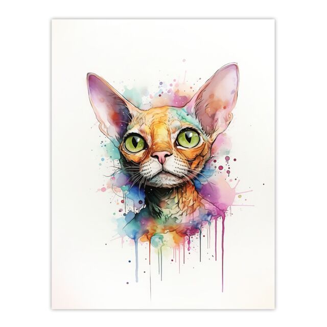 "Artery8 Wall Art Print Devon Rex Cat Lovers Gift Watercolour Pet Portrait Painting Artwork Poster - Size: W12"" x H16""" - image 1