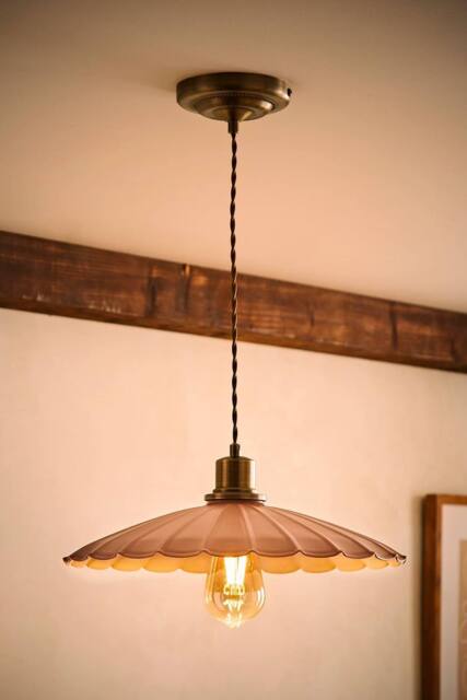 ValueLights Holborn Brushed Gold with Scallop Shade Ceiling Pendant Light & Bulb in Dark Pink - image 1