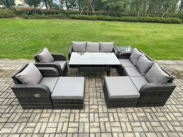 Fimous 10 Seater Rattan Garden Furniture Set Oblong Rectangular Dining Table & Chairs Set with 3 Seater Sofa 2 Big Footstool Side Table in Dark Grey - image 1