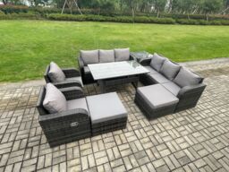 Fimous 10 Seater Rattan Garden Furniture Set Oblong Rectangular Dining Table & Chairs Set with 3 Seater Sofa 2 Big Footstool Side Table in Dark Grey - thumbnail 2