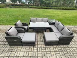 Fimous 10 Seater Rattan Garden Furniture Set Oblong Rectangular Dining Table & Chairs Set with 3 Seater Sofa 2 Big Footstool Side Table in Dark Grey - thumbnail 1