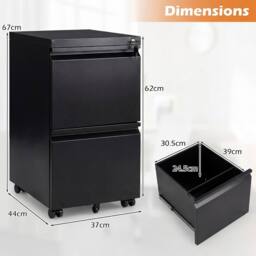 Costway 2-Drawer Mobile File Cabinet Rolling Metal Filing Cabinet w/5 Casters in Black - thumbnail 2