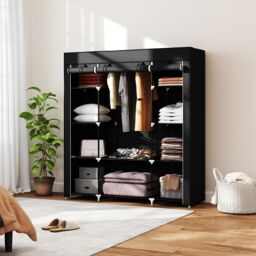 HOMCOM Fabric Wardrobe Portable Wardrobe with 10 Shelves 1 Hanging Rail in Black - thumbnail 1