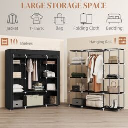 HOMCOM Fabric Wardrobe Portable Wardrobe with 10 Shelves 1 Hanging Rail in Black - thumbnail 4