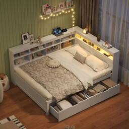 BTM 4ft6 Double Daybed Storage Drawers LED USB Charging Wood Bed in White - thumbnail 5