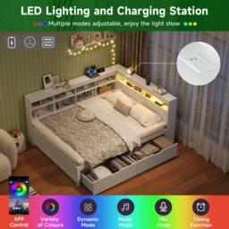 BTM 4ft6 Double Daybed Storage Drawers LED USB Charging Wood Bed in White - thumbnail 7