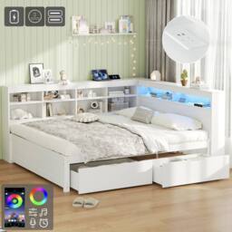BTM 4ft6 Double Daybed Storage Drawers LED USB Charging Wood Bed in White - thumbnail 1