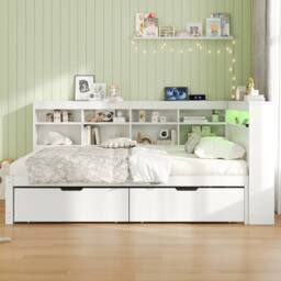 BTM 4ft6 Double Daybed Storage Drawers LED USB Charging Wood Bed in White - thumbnail 4