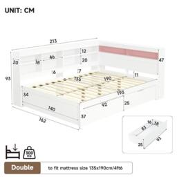 BTM 4ft6 Double Daybed Storage Drawers LED USB Charging Wood Bed in White - thumbnail 9