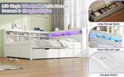 BTM 4ft6 Double Daybed Storage Drawers LED USB Charging Wood Bed in White - thumbnail 8