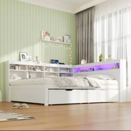 BTM 4ft6 Double Daybed Storage Drawers LED USB Charging Wood Bed in White - thumbnail 3