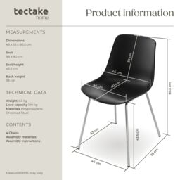 tectake Dining Chair Mave Set Of 6 - Black/Chrome in Black - Size: 6 Pack - thumbnail 6