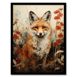 Artery8 Wall Art Print Red Fox w/ Wildflowers Watercolour Painting Amber Cream Grey Woodland Creature in Autumn Field Floral Animal Portrait Artwork - thumbnail 1