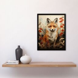 Artery8 Wall Art Print Red Fox w/ Wildflowers Watercolour Painting Amber Cream Grey Woodland Creature in Autumn Field Floral Animal Portrait Artwork - thumbnail 4