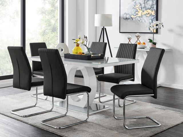 FurnitureboxUK Giovani 6-Seater Grey Glass Dining Table & 6 Lorenzo Faux Leather Dining Chairs in Black - image 1