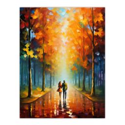 Artery8 Lovers Walk Oil Painting Pallet Knife Couple Taking Stroll Through Park In Autumn Unframed Wall Art Print Poster Home Decor Premium - thumbnail 1