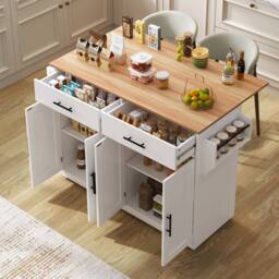 Merax Kitchen Island Trolley with Folding Tabletop Changeable Wheels & Feet in White - thumbnail 3
