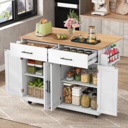Merax Kitchen Island Trolley with Folding Tabletop Changeable Wheels & Feet in White - thumbnail 4