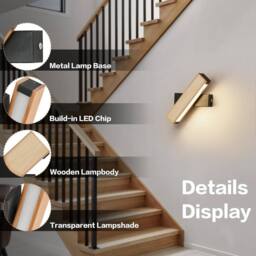 Goeco LED Indoor Wall Light, 5W, Rotatable, Wooden Bedroom Wall Lamp, 3000K in Black - thumbnail 3