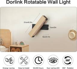 Goeco LED Indoor Wall Light, 5W, Rotatable, Wooden Bedroom Wall Lamp, 3000K in Black - thumbnail 2
