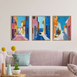 Wee Blue Coo Set of 3 Prints Colourful Village Sea Greek Spanish Poster Art in Blue - Size: A4 - thumbnail 2
