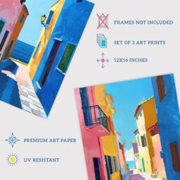 Wee Blue Coo Set of 3 Prints Colourful Village Sea Greek Spanish Poster Art in Blue - Size: A4 - thumbnail 4