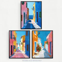 Wee Blue Coo Set of 3 Prints Colourful Village Sea Greek Spanish Poster Art in Blue - Size: A4 - thumbnail 5