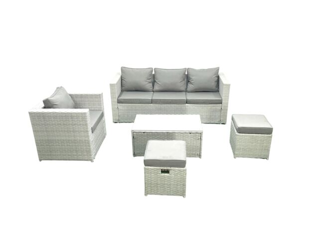 Fimous Rattan Garden Furniture Set with 3 Seater Sofa Chair Rectangular Coffee Table 2 Small Footstool Light Grey Mixed 6 Seater - image 1