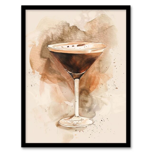Artery8 Classic Espresso Martini Cocktail Watercolour Framed Art Print in Brown - Size: A4 - image 1