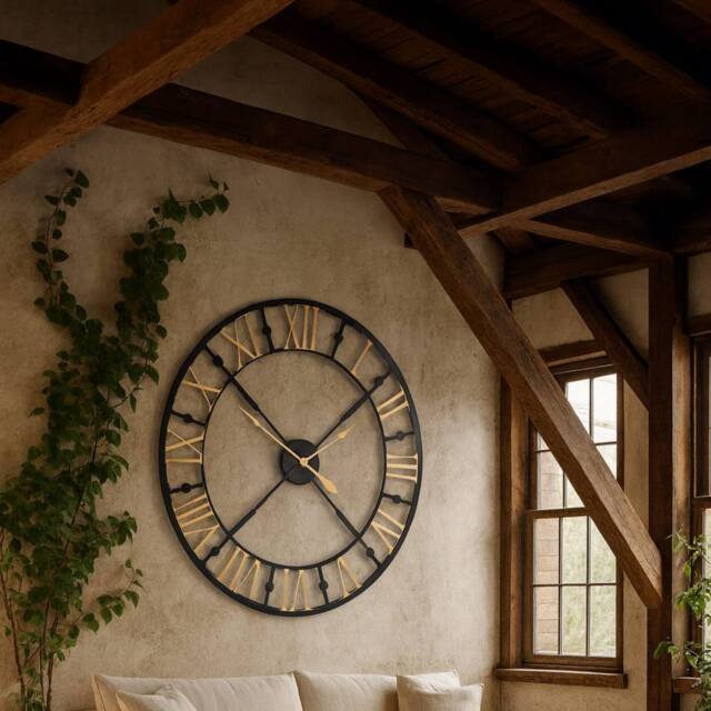 Wyld Haus 95cm Industrial Black & Gold Roman Numeral Open Frame Wall Clock - image 1