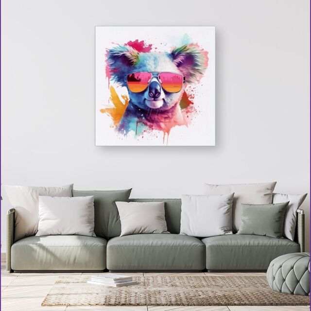 Warren Reed - Designer Colourful Splashart Koala In Glasses Canvas - Size: w40 inch x h40 inch - image 1