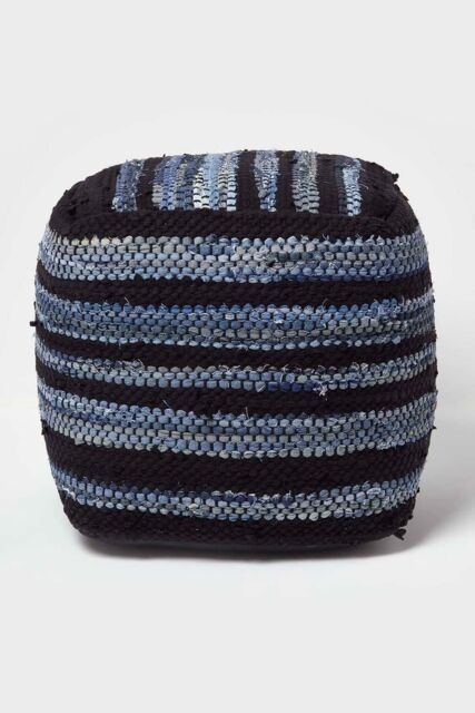 Homescapes Texas Leather, Denim Woven Striped Bean Filled Pouffe, 40 cm in Blue - image 1