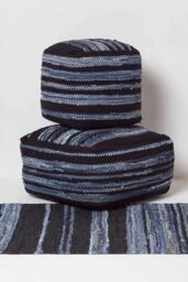 Homescapes Texas Leather, Denim Woven Striped Bean Filled Pouffe, 40 cm in Blue - thumbnail 5