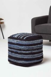 Homescapes Texas Leather, Denim Woven Striped Bean Filled Pouffe, 40 cm in Blue - thumbnail 2