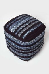 Homescapes Texas Leather, Denim Woven Striped Bean Filled Pouffe, 40 cm in Blue - thumbnail 3