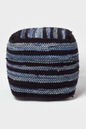 Homescapes Texas Leather, Denim Woven Striped Bean Filled Pouffe, 40 cm in Blue - thumbnail 1