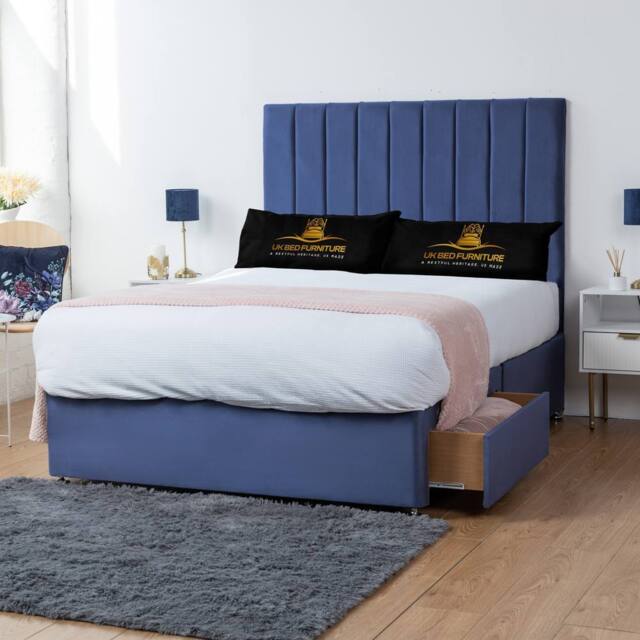UK Bed Furniture Ashford Divan Bed with 2 Drawers Foot End & 26 Inch headboard in Blue - Size: King - image 1