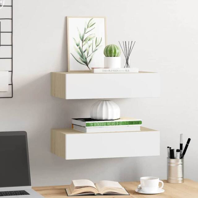 Berkfield Home Wall Drawer Shelves 2 pcs Oak & White 40x23.5x10cm MDF in Brown - Size: 40x23.5x10 cm - image 1
