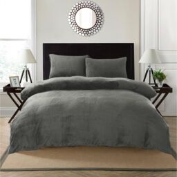 Snug City Teddy Bear Fleece Soft Cosy Duvet Cover + Pillow Case Set in Silver - Size: Single