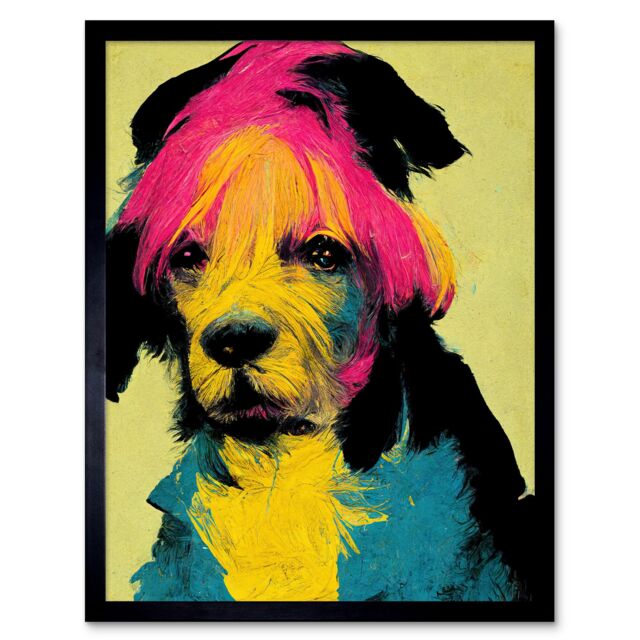"Artery8 Wall Art Print Pop Art Dog Bright Pink Yellow Blue Vintage Style Painting Art Framed in Black - Size: W12"" x H16""" - image 1