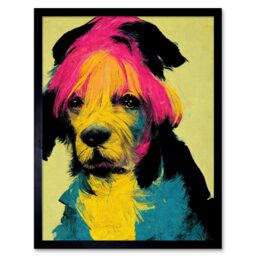 "Artery8 Wall Art Print Pop Art Dog Bright Pink Yellow Blue Vintage Style Painting Art Framed in Black - Size: W12"" x H16""" - thumbnail 1